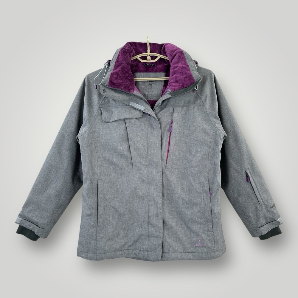 LL Bean Carrabassett Ski Jacket Womans Large‎ Regular Removable Hood Gray Purple